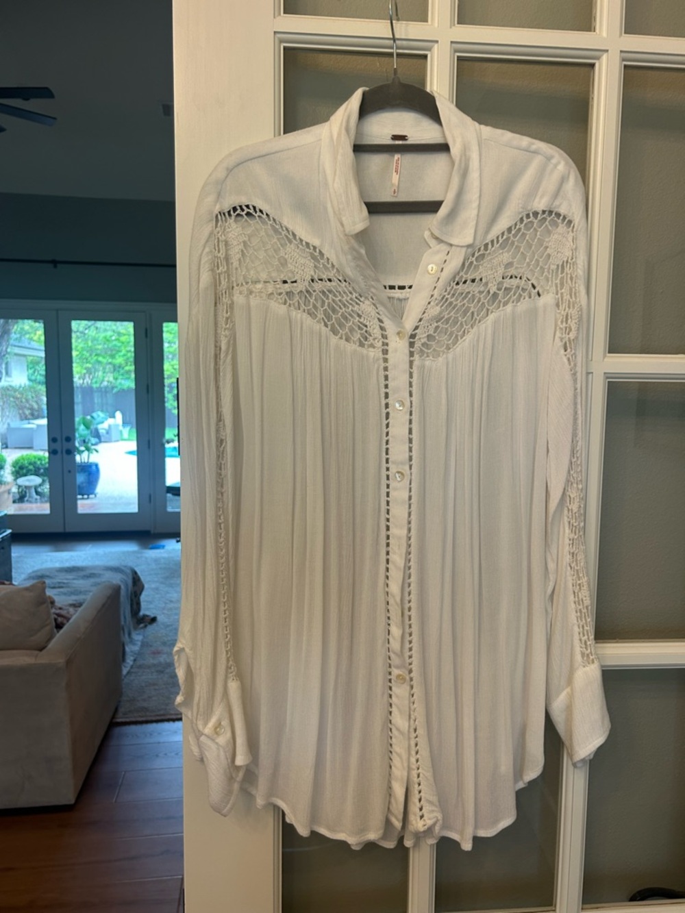 Free People White Crochet-Yoke Buttoned Peasant Blouse